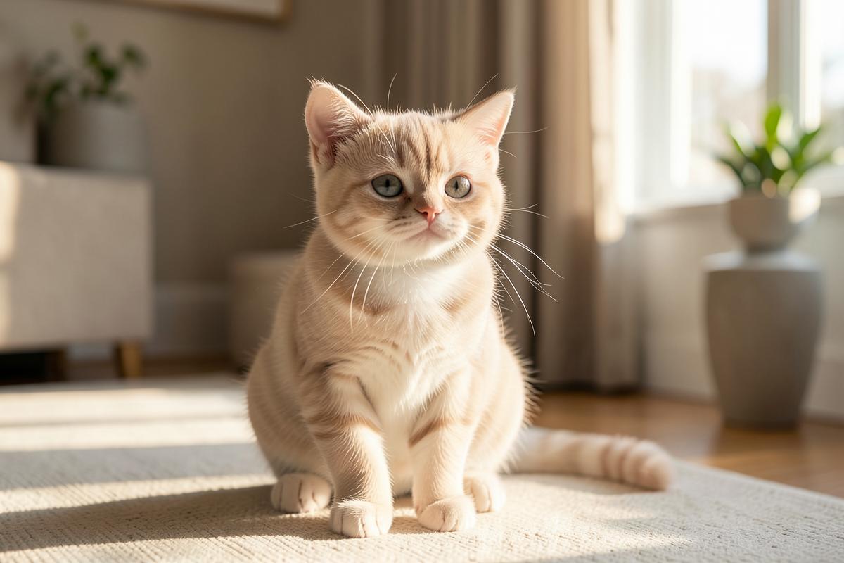 Gato Munchkin de pelaje crema en un hogar luminoso